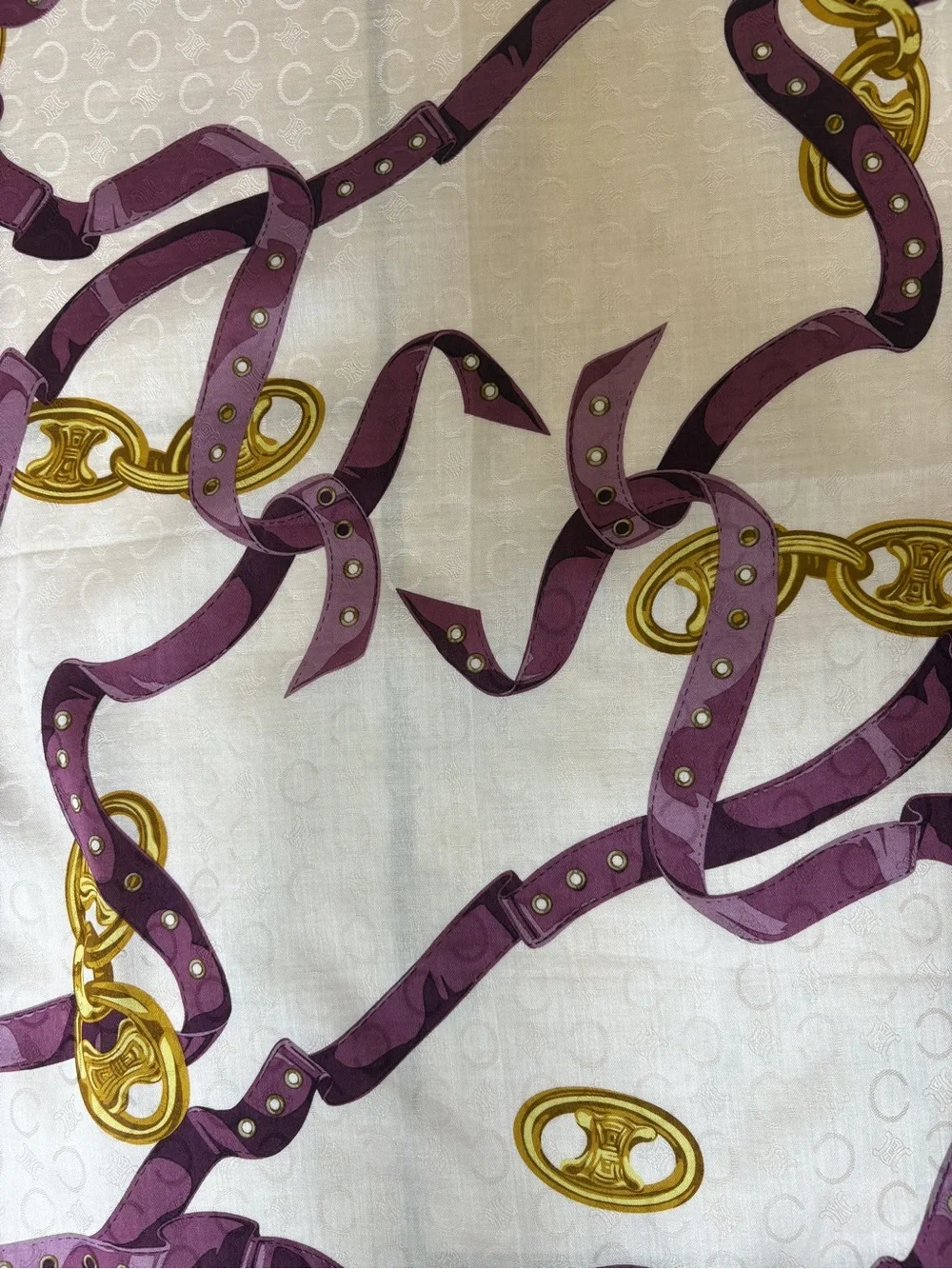 Celine Purple Ribbon & Gold Motif Silk Scarf on White